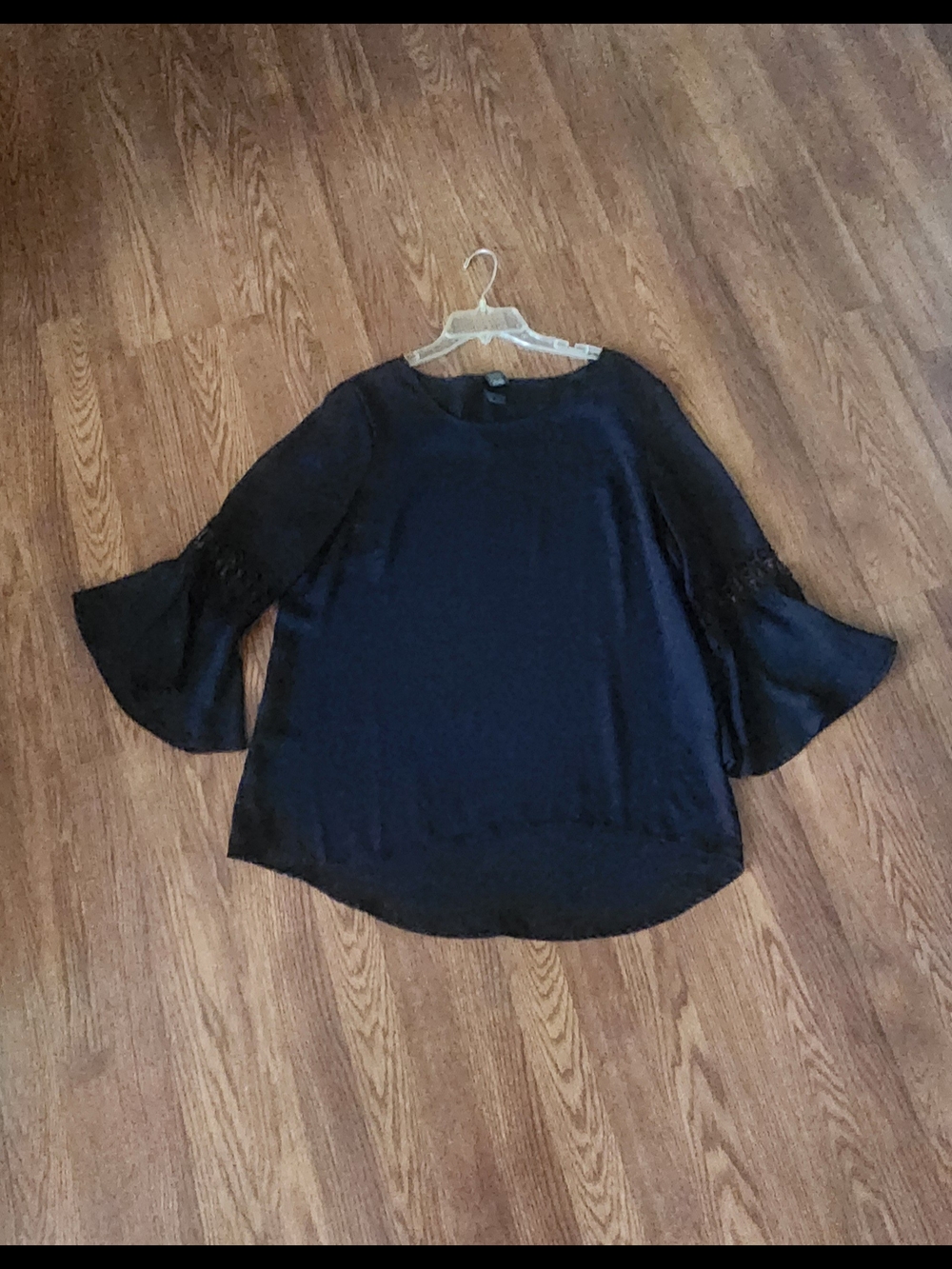 new directions Black Bell Sleeve Blouse with Lace Trim